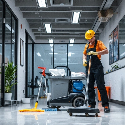 Cleaning service with professional equipment in an office environment