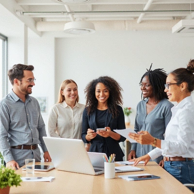 Happy employees working in a clean office