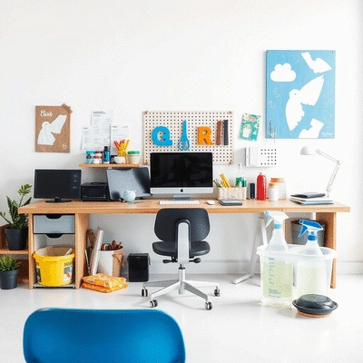 Workspace with organized desk and cleaning supplies