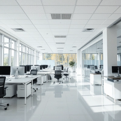 Modern office space with a sparkling clean floor and organized desks, symbolizing a well-maintained environment