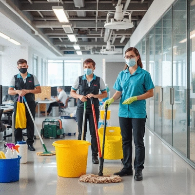 Professional cleaning staff working in a modern office, wearing uniforms, with cleaning supplies